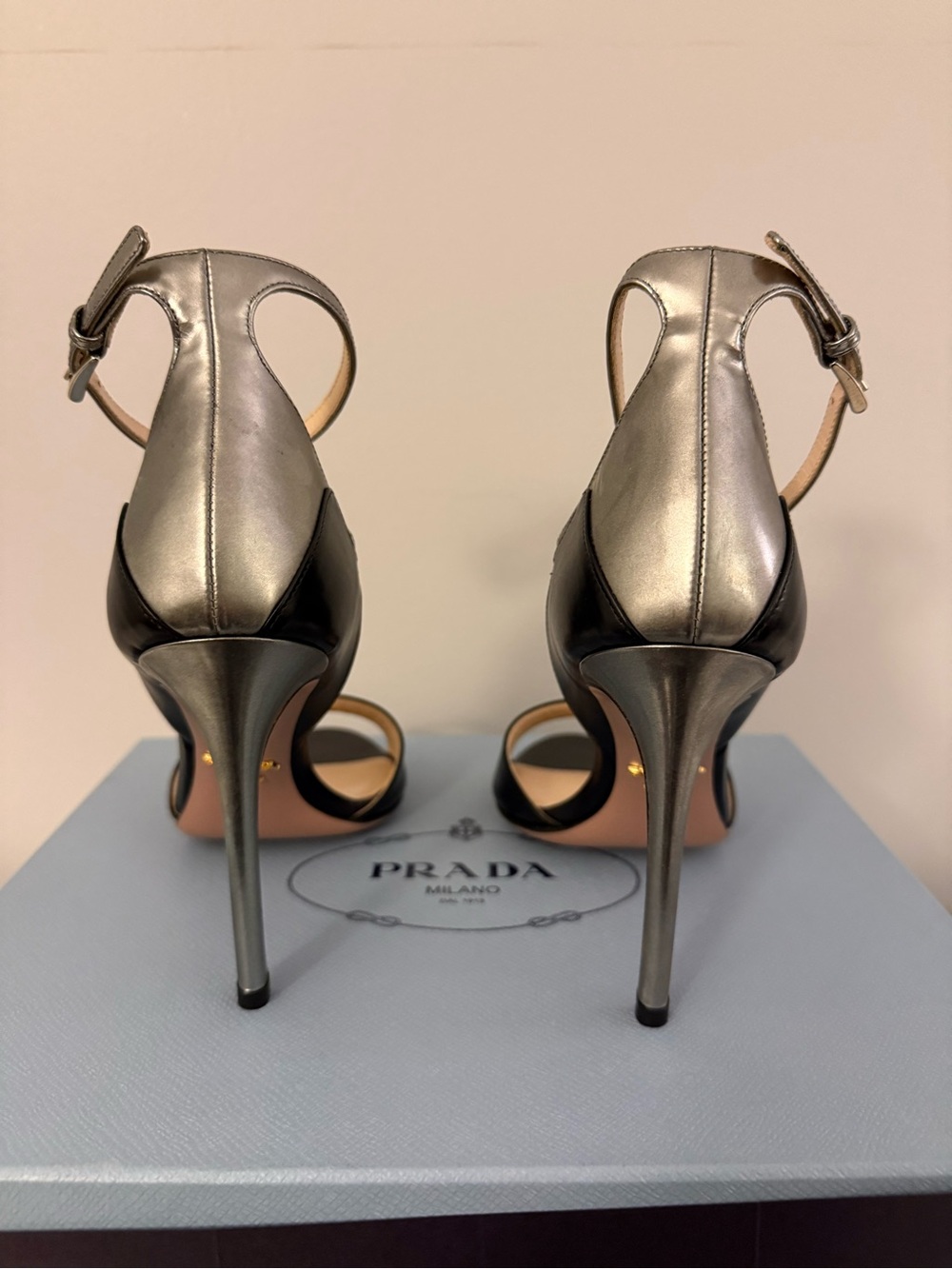 Prada Two-Tone Metallic Chrome and Black Leather Ankle-Strap Stilettos, 6.5